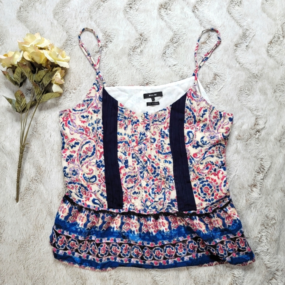 Miss Me Pleated Floral Tank Top in Navy Blue Sleeveless Size L - Picture 2 of 14